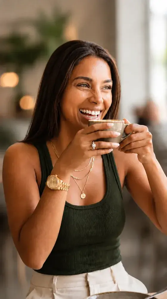 Mulher sorrindo enquanto toma uma xícara com prazer e tranquilidade