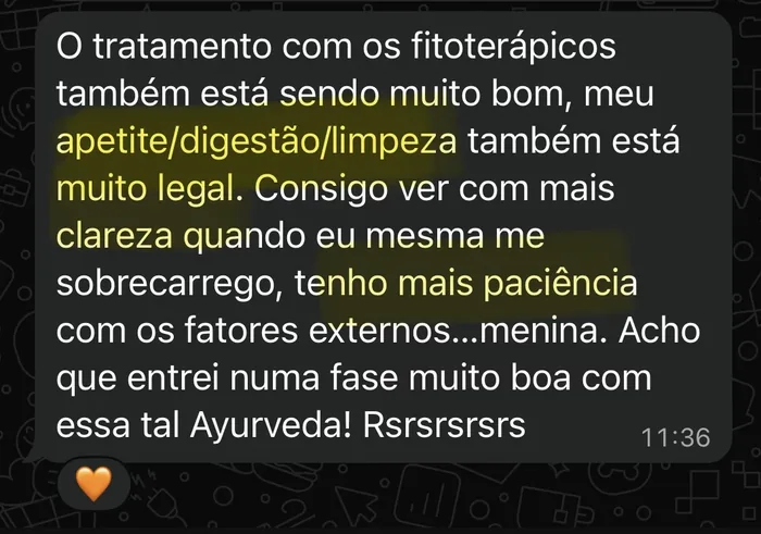 Print de conversa no WhatsApp de aluna relatando melhora no apetite, digestão e eliminação com fitoterápicos.