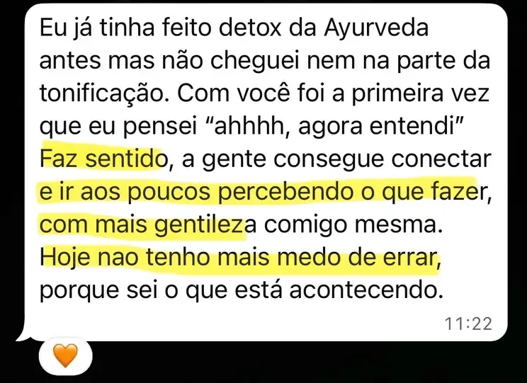 Print de conversa no WhatsApp de aluna relatando que perdeu o medo de errar após entender a Ayurveda.