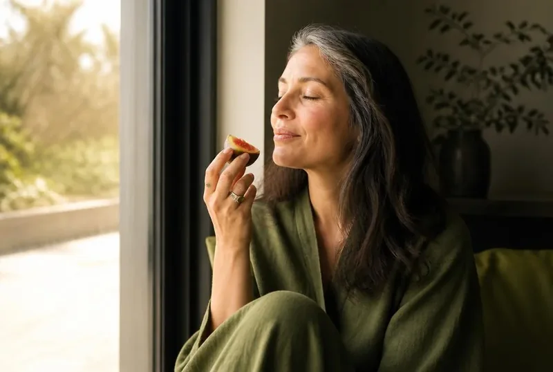 Mulher por volta dos 45 anos saboreando uma fruta fresca junto à janela.