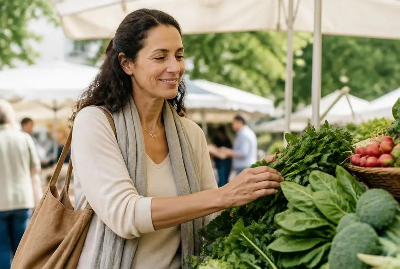 Mulher por volta dos 45 anos escolhendo verduras frescas em uma feira ao ar livre.